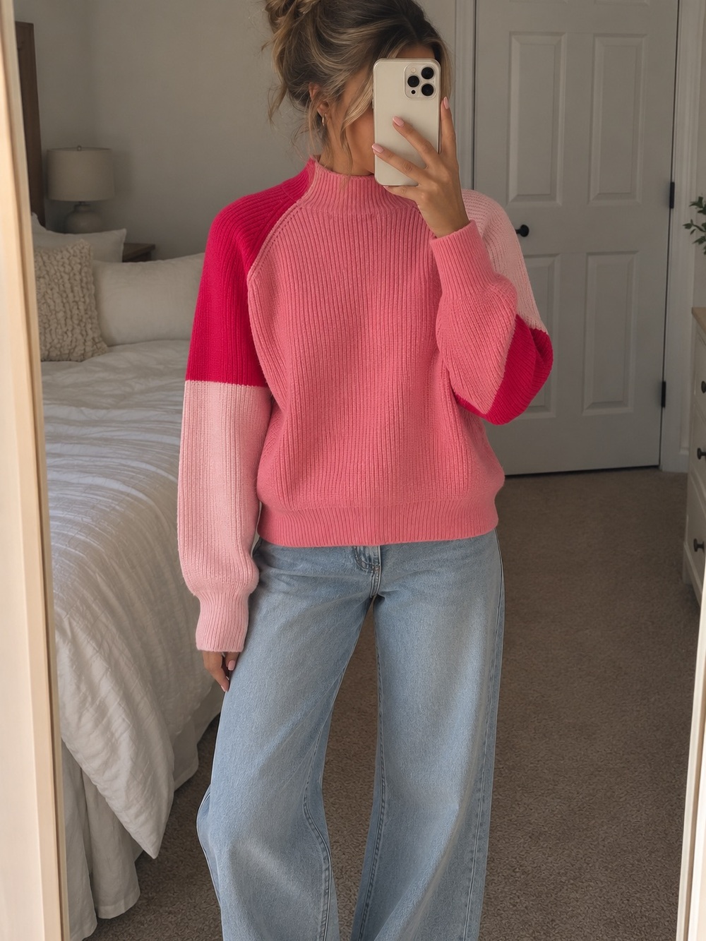 NWT Zaful Pink Colorblock Crewneck knitted sweater medium 6 cozy fall